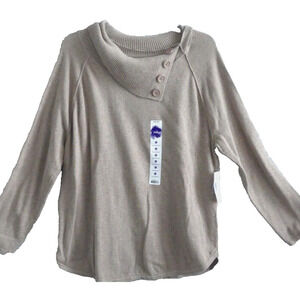 NWT Women's Indigo Cotton Sweater XL Fold Over Button Collar Tunic Oatmeal Soft